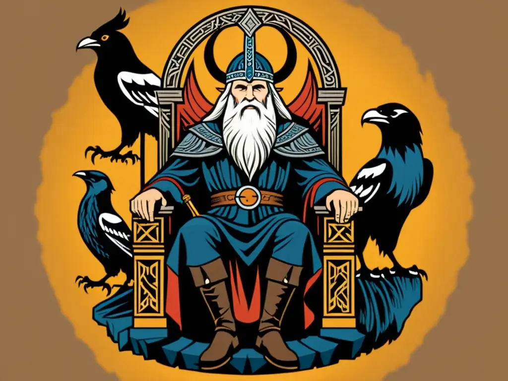 Imagen vintage de Odin en su trono en Valhalla, rodeado de guerreros y cuervos, evocando la Presencia Mitología Nórdica Literatura Universal