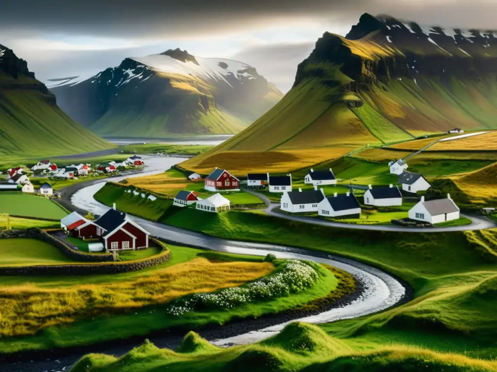 Una impresionante ilustración vintage de un pueblo tradicional islandés con casas de techo de paja, rodeado de montañas nevadas y un cielo dramático