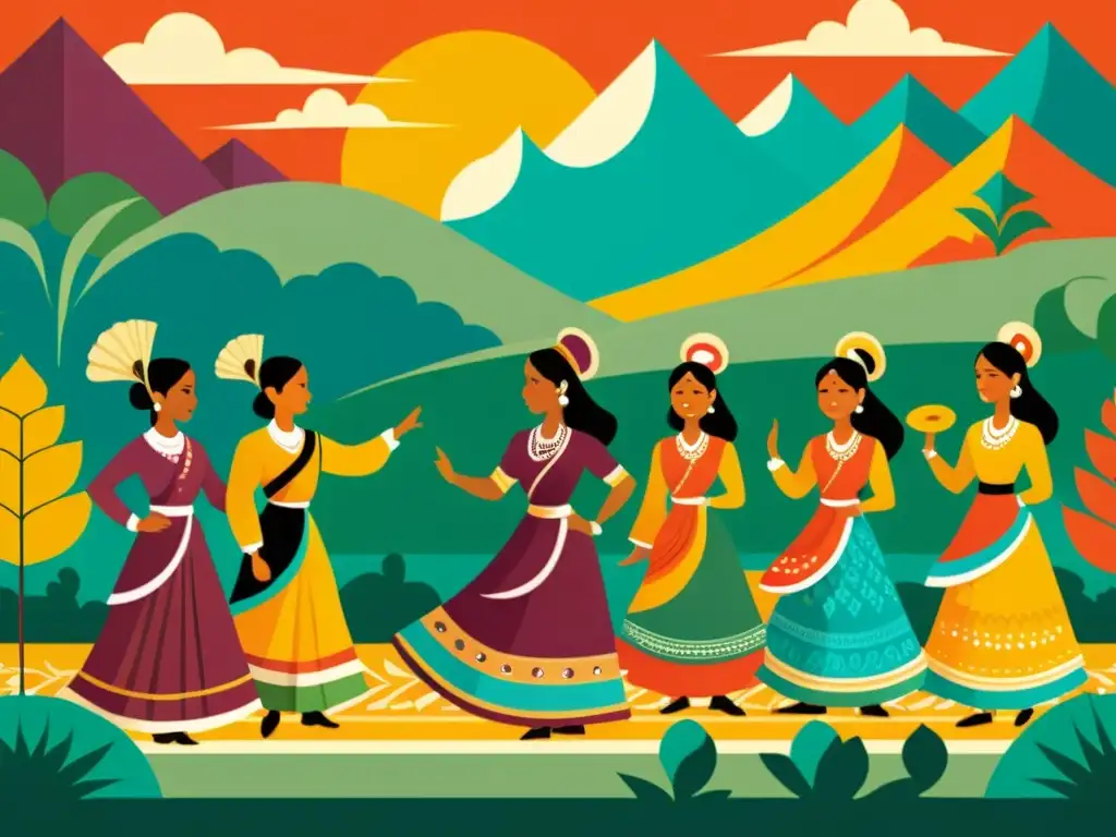 Una impresionante ilustración vintage en 8k detalla la rica identidad cultural de la región IndoArya, con danza, música y vestimenta tradicional