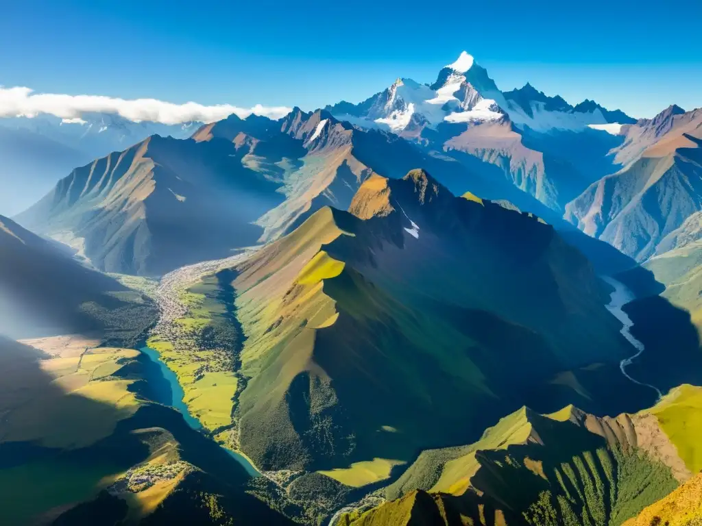 Impresionante vista de los picos nevados y valles verdes de los Andes