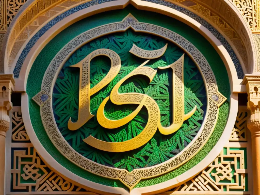 Increíble mosaico de caligrafía árabe en la Alhambra, con influencia árabe andalusí en español, bañado por la cálida luz del sol