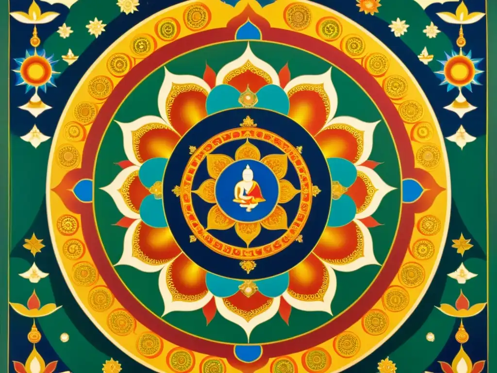 Increíble pintura tibetana vintage con mandalas, deidades y un sereno Buda rodeado de patrones y simbolismo espiritual