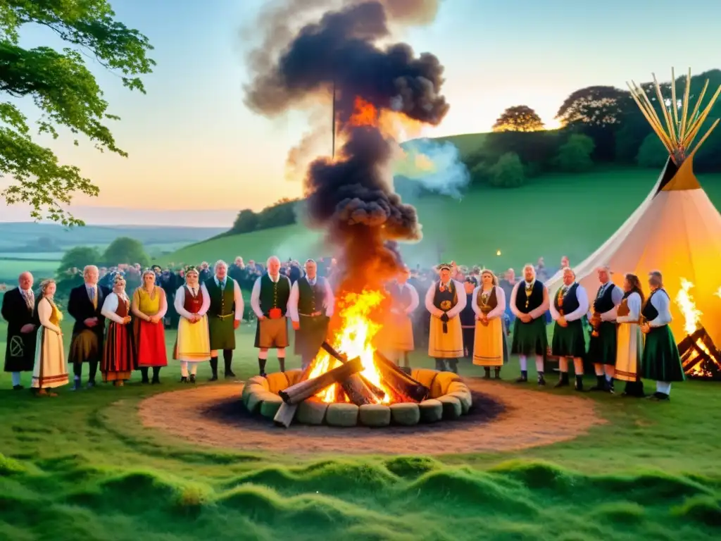 Influencia de festividades celtas en celebraciones contemporáneas: personas con atuendos tradicionales alrededor de una hoguera en el campo