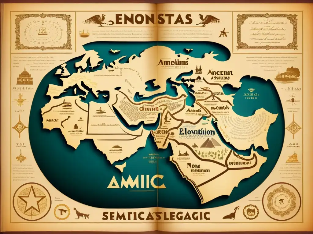 Influencia semítica en la onomástica: Un mapa vintage detallando la evolución de idiomas semíticos con caligrafía y arte antiguo