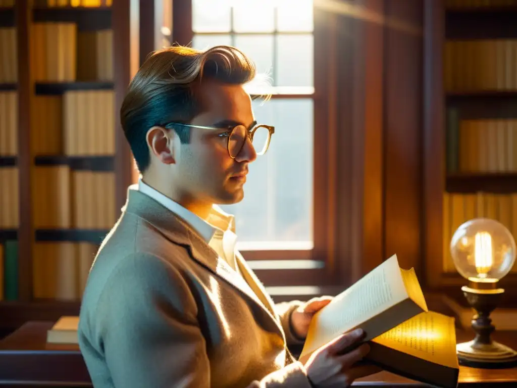 Influencia de la traducción en la percepción: Persona leyendo en acogedora biblioteca vintage, bañada por cálida luz solar, sumergida en la lectura con expresión concentrada y curiosa, rodeada de libros antiguos y muebles de época