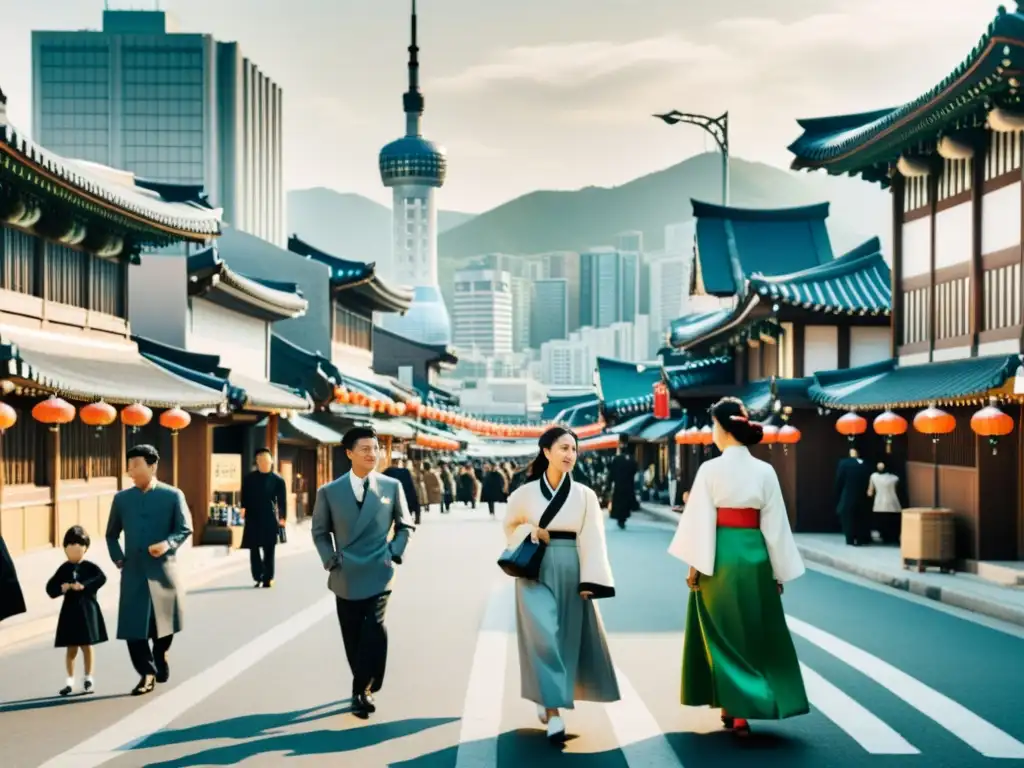 Una instantánea vintage de las bulliciosas calles de Seúl, Corea del Sur, fusionando arquitectura tradicional y tecnología moderna