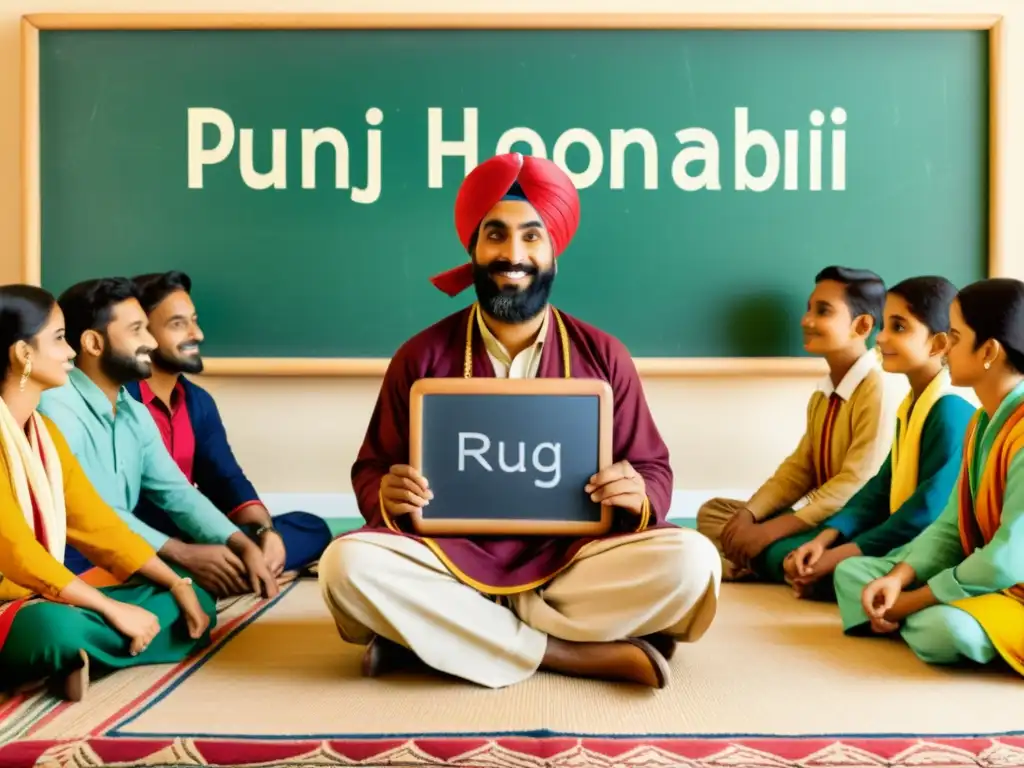 Un instructor de idioma punjabi enseña los patrones sonoros del punjabi a sus estudiantes en un aula acogedora y tradicional