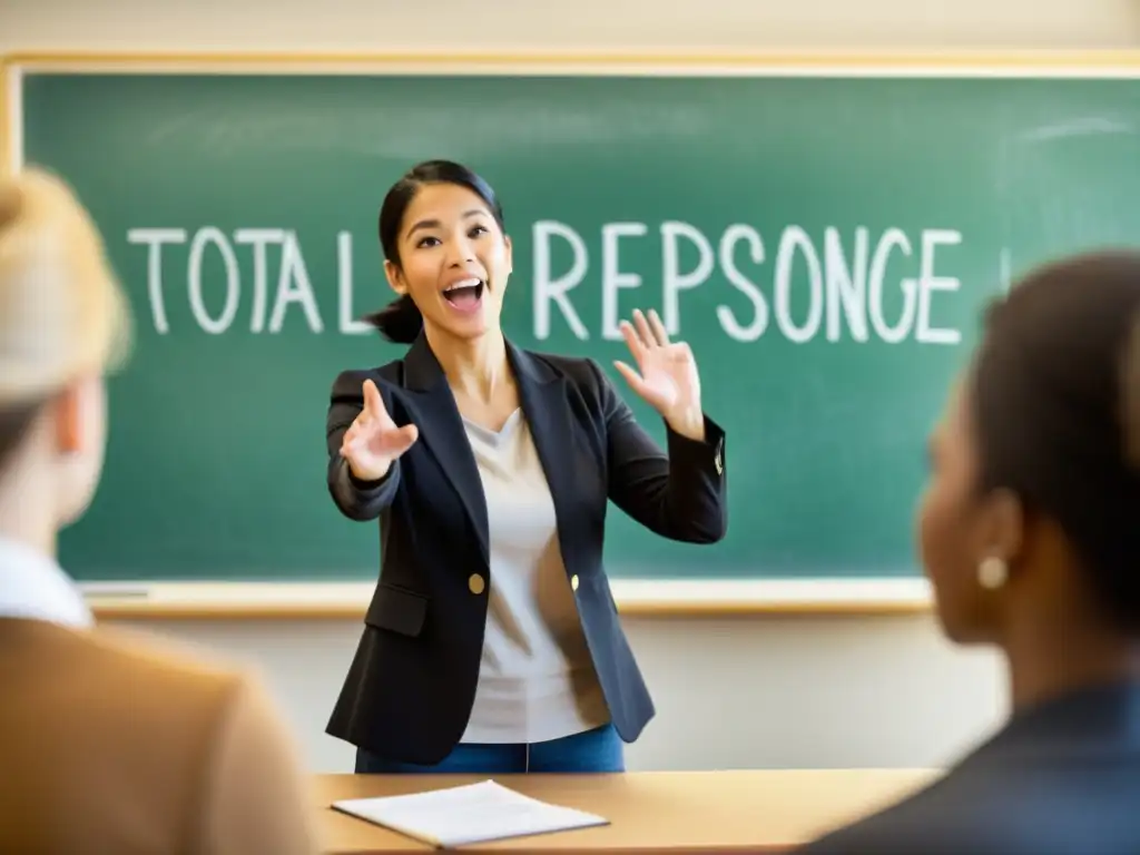 Un instructor utiliza Total Physical Response para enseñar idiomas a un grupo activo de estudiantes en un aula vintage