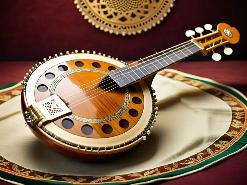 Un instrumento musical tradicional punjabi, como un sitar o tabla, destaca sobre un fondo de patrones y colores tierra, capturando la esencia de los patrones sonoros del punjabi