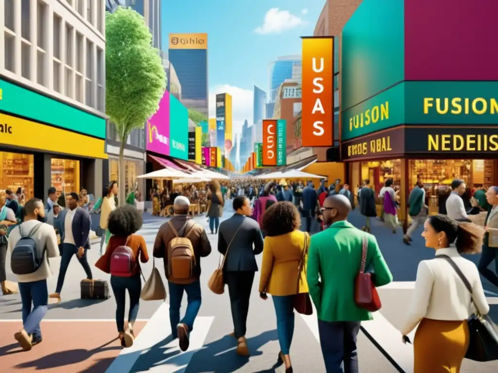 Integración lingüística en migración: bulliciosa calle urbana multicultural, con gente de diversas culturas dialogando en diferentes idiomas