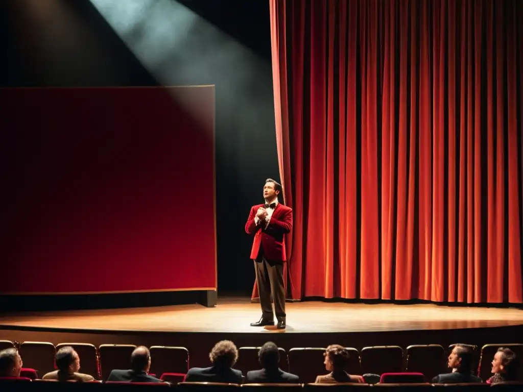 Un intenso drama teatral se desenvuelve en un escenario vintage, iluminado por un foco y observado por un público elegante