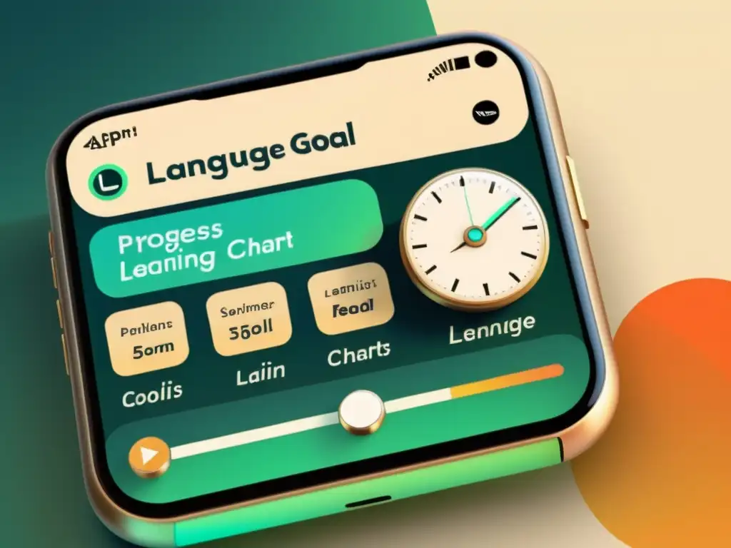 Interfaz de app de aprendizaje de idiomas con funcionalidades de tracking, mezclando encanto vintage con innovación