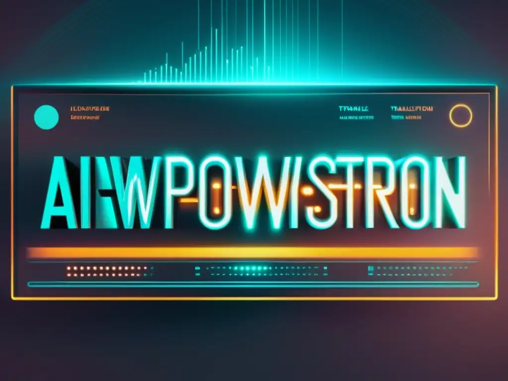 Interfaz futurista de software de traducción con impacto de inteligencia artificial, envuelta en diseño retrofuturista y brillo nostálgico