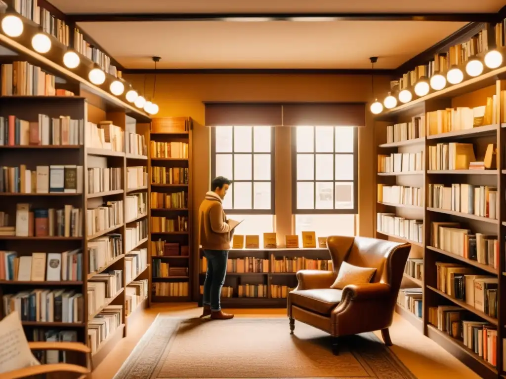 Interior de librería vintage con libros en varios idiomas, grupo diverso disfrutando de literatura multilingüe, ambiente acogedor y cultural