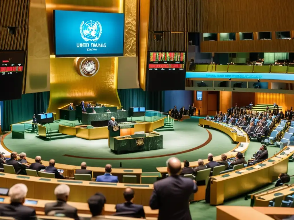 Intérprete de lenguaje de señas en histórico discurso de eventos globales en la Asamblea General de la ONU, con atmósfera intensa y vintage