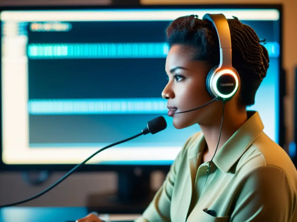 Un intérprete habla en un micrófono vintage frente a una computadora con ventanas de comandos abiertas