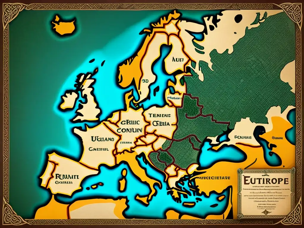 Intrincado mapa vintage de antiguos territorios celtas en Europa, con símbolos celtas y script antiguo, en tonos terrosos