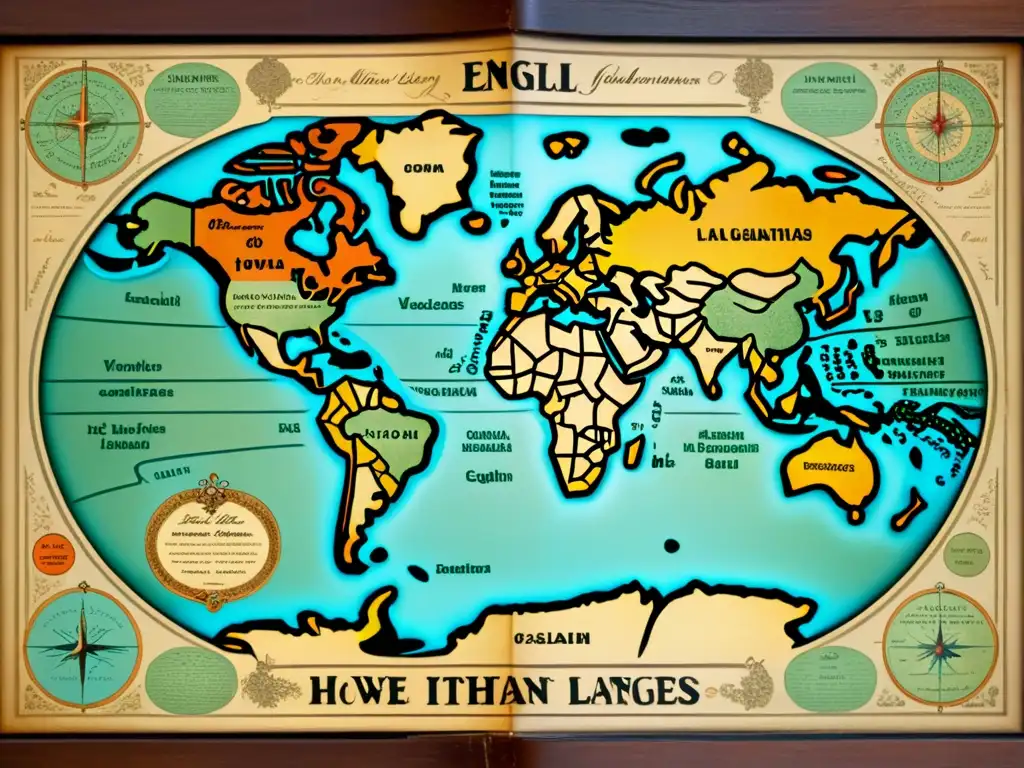 Intrincado mapa vintage del mundo mostrando la influencia del inglés en jergas profesionales a través de ilustraciones detalladas y caligrafía