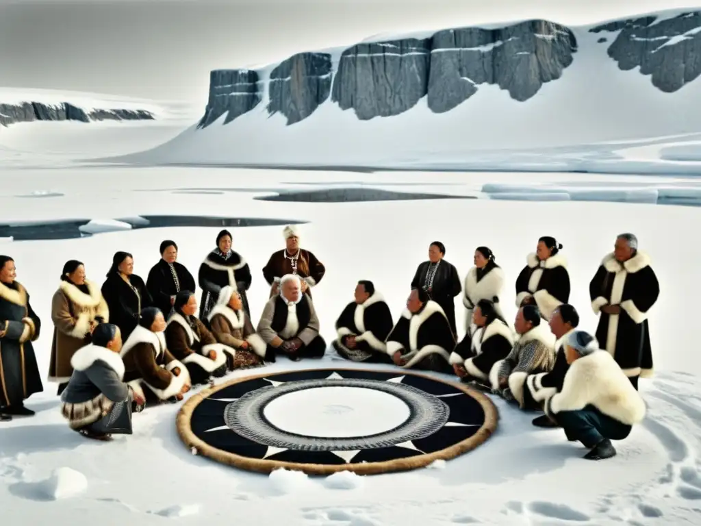 Inuit elders realizan canto de garganta tradicional, rodeados de espectadores, capturando el desarrollo lingüístico idiomas Inuit