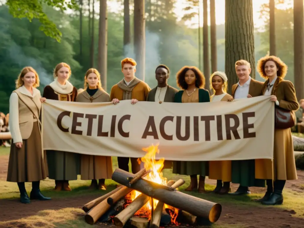 Jóvenes activistas promueven la revitalización del celta alrededor de una fogata en el bosque, con banners y carteles