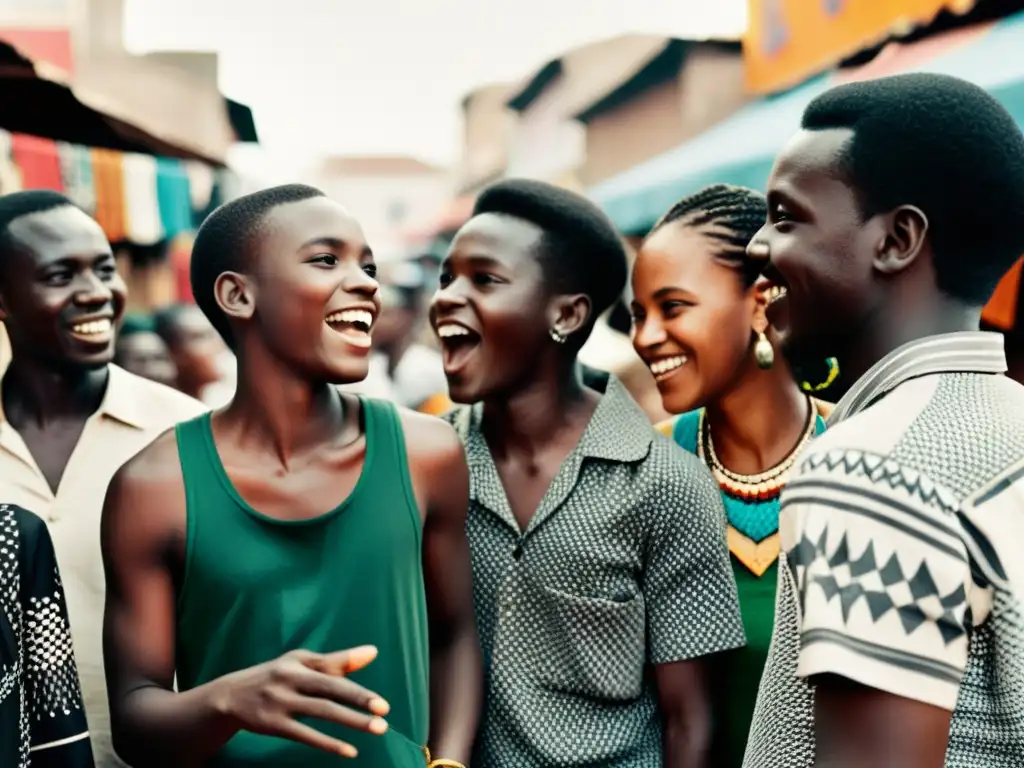 Jóvenes en animada conversación en un bullicioso mercado africano, reflejando la influencia de lenguas africanas en su argot juvenil