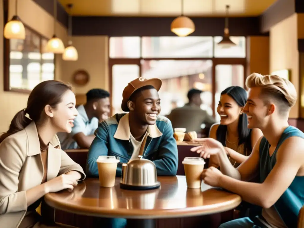 Jóvenes conversando animadamente en un café vintage, reflejando el impacto del dialecto en la juventud