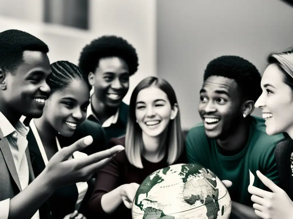 Jóvenes de diversas culturas conversan animadamente en un evento de intercambio cultural en lenguas, con un ambiente inclusivo y vibrante