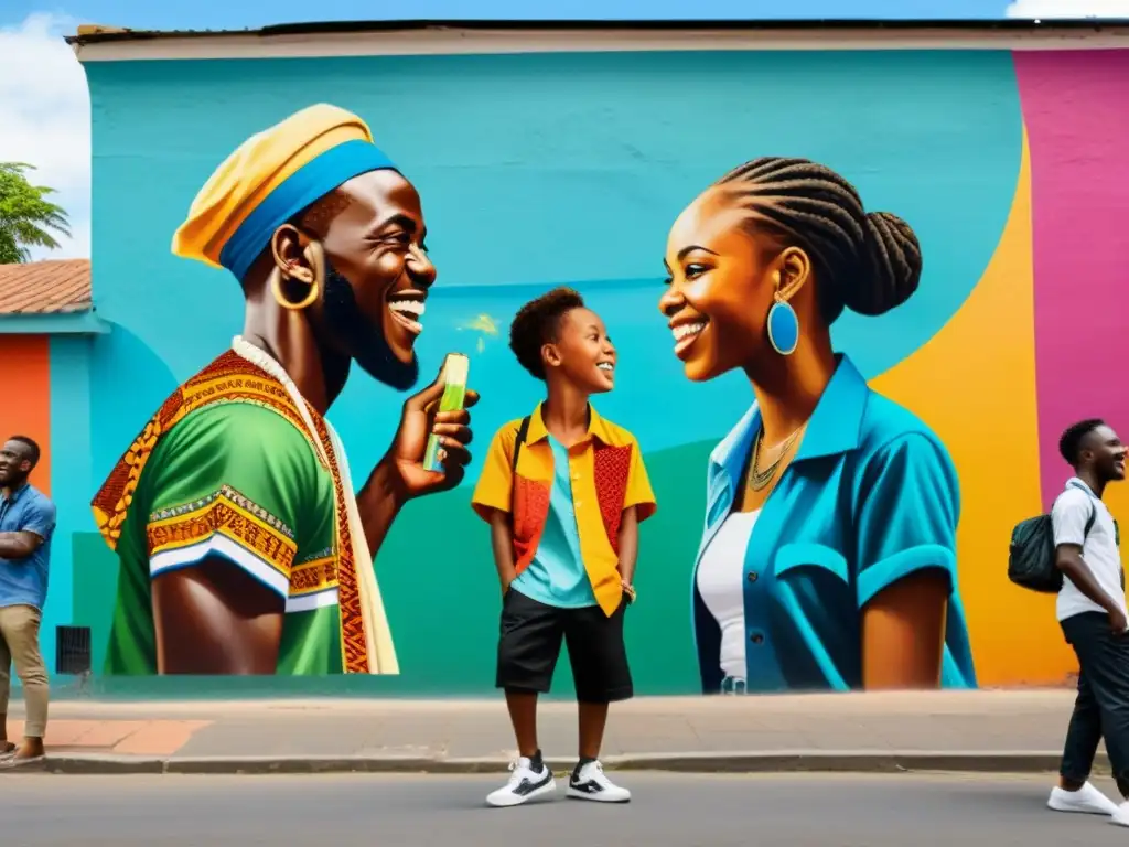 Jóvenes de distintos países africanos se reúnen alrededor de un mural vibrante en la calle, vistiendo ropa tradicional y moderna