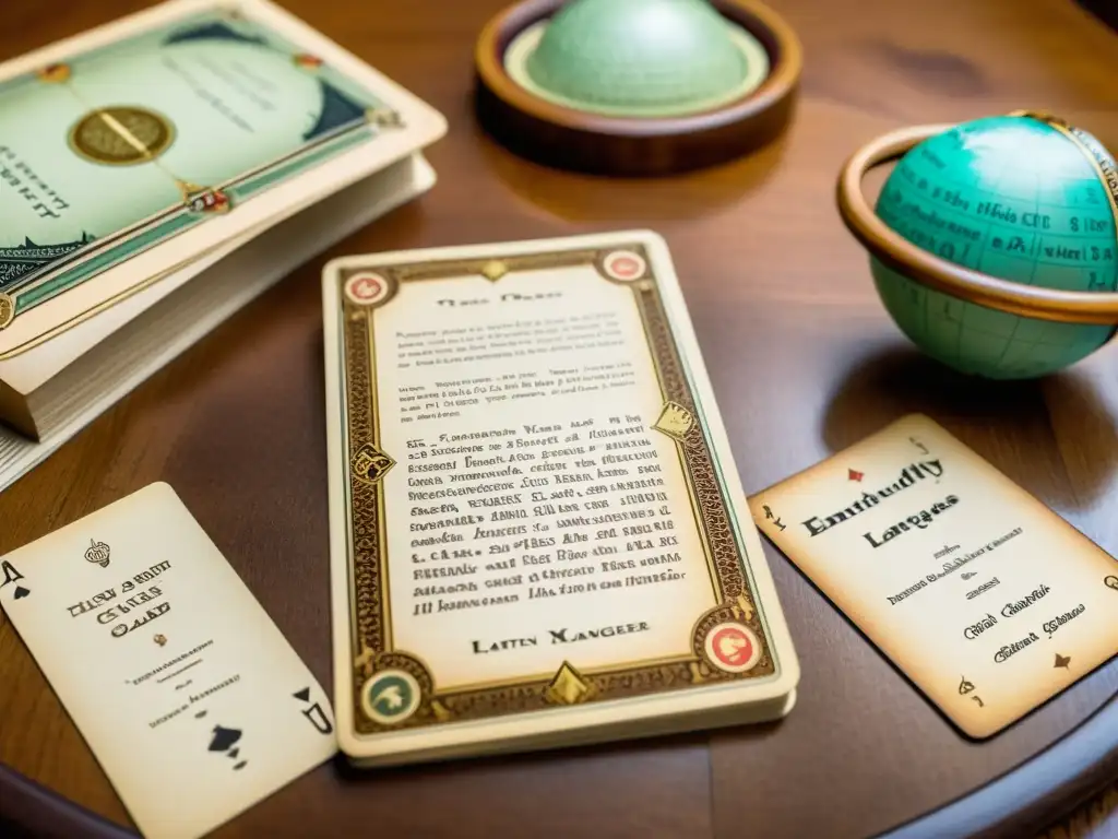 Un juego de cartas lingüístico de idiomas extintos en una escena vintage evocadora con libros antiguos y un globo terráqueo