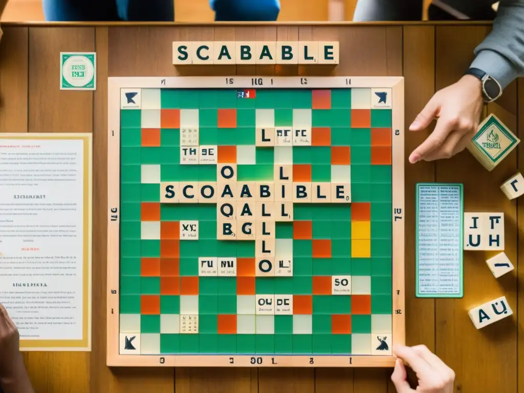 Juego de Scrabble multilingüe en ambiente nostálgico Juego de Scrabble multilingüe en tonos cálidos, estrategias multilingües para dominar idiomas