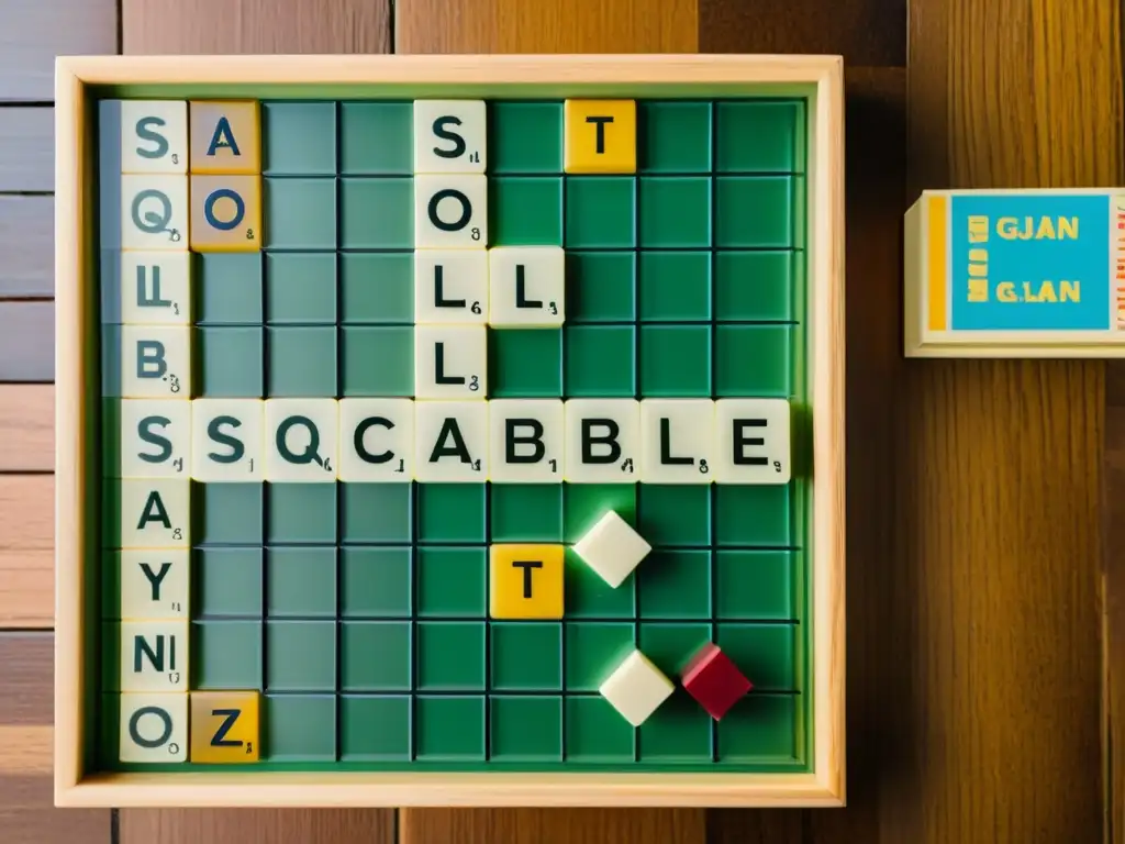 Juego de Scrabble multilingüe en estilo vintage Un juego de Scrabble vintage con estrategias multilingües para dominar idiomas, mientras jugadores compiten amistosamente
