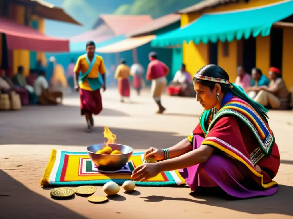 Juego tradicional sudamericano con influencia de lenguas indígenas, coloridas vestimentas y ambiente cultural vibrante