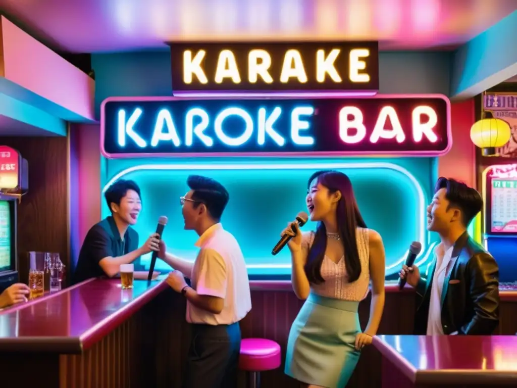 Un karaoke vintage con gente cantando en coreano y japonés bajo las luces de neón