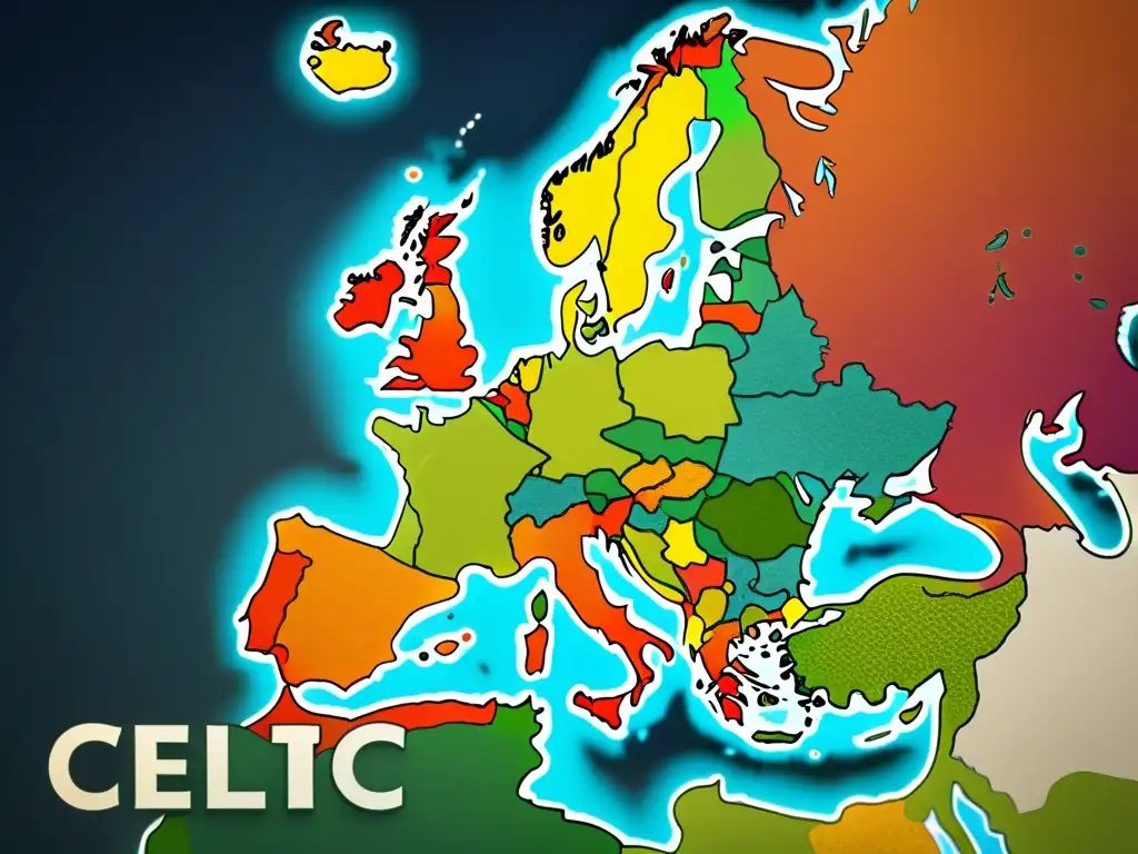 Evolución de lenguas célticas: Mapa lingüístico detallado con colores vibrantes que representan la diversidad y evolución de las lenguas celtas