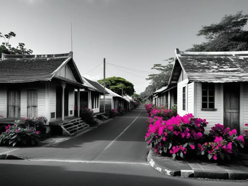 Lenguas criollas en peligro: calle desierta y descuidada, casas coloniales cubiertas de bougainvillea en un pueblo costero tropical