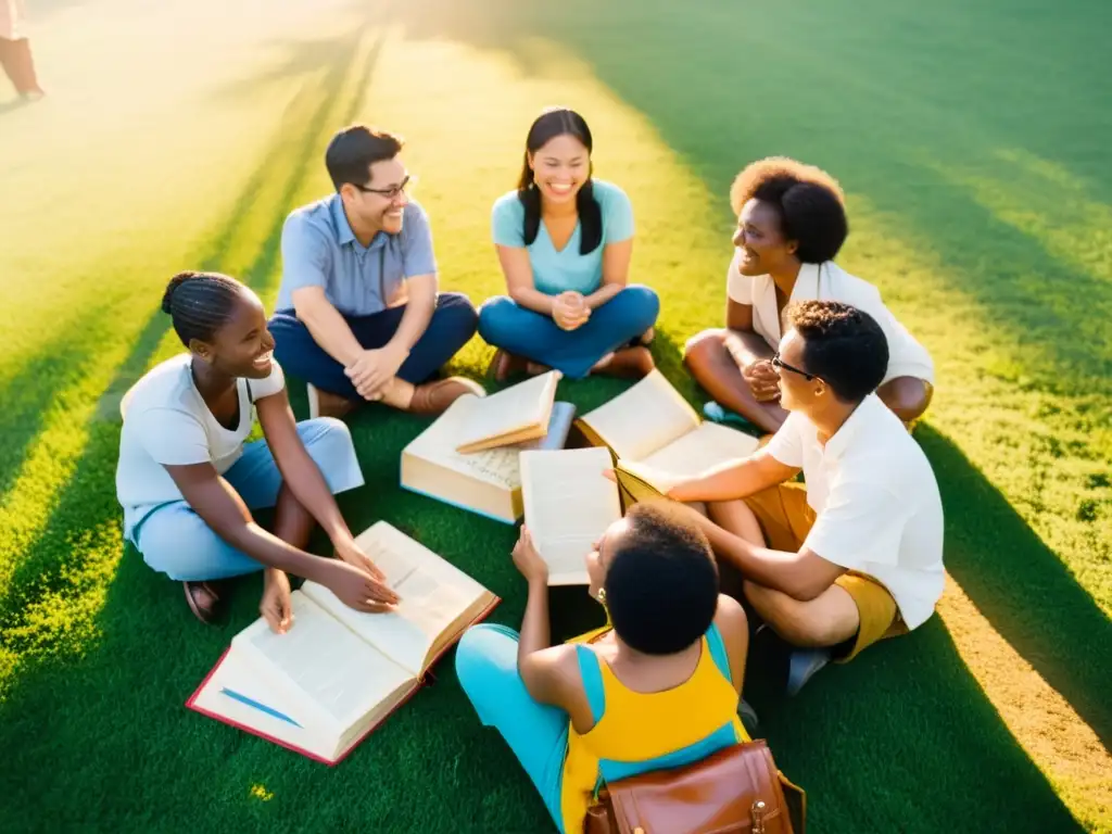 Aprendiendo lenguas para impacto social: Estudiantes felices conversando y riendo en un campo, rodeados de libros y globos vintage