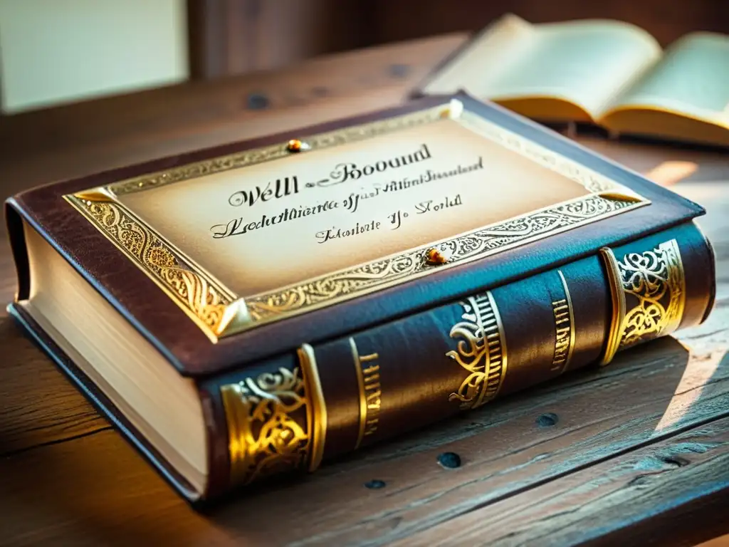 Un libro antiguo con caligrafía elegante en un escritorio de madera, iluminado por luz suave