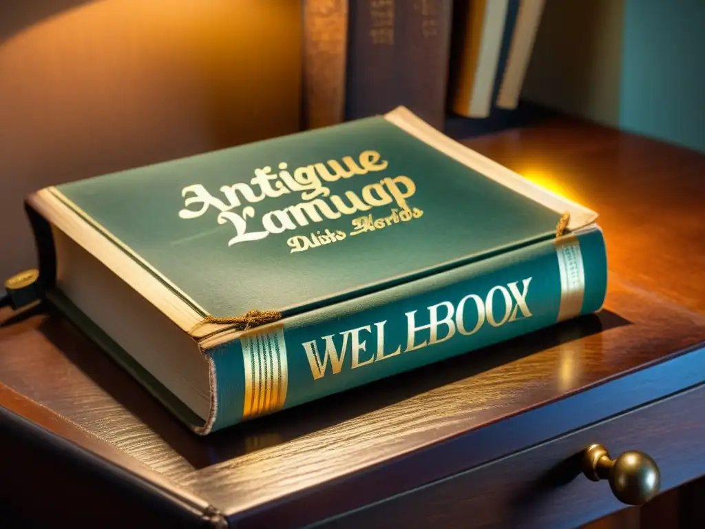 Libro antiguo en escritorio de madera iluminado por lámpara vintage Un libro antiguo y desgastado reposa en un escritorio de madera iluminado por una lámpara de época