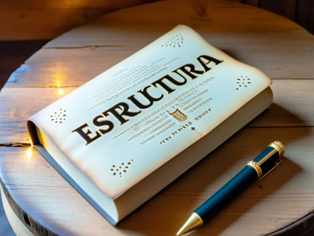 Libro antiguo 'Estructura Verbal del Quechua' en mesa de madera con notas y bocetos, iluminado por lámpara de escritorio