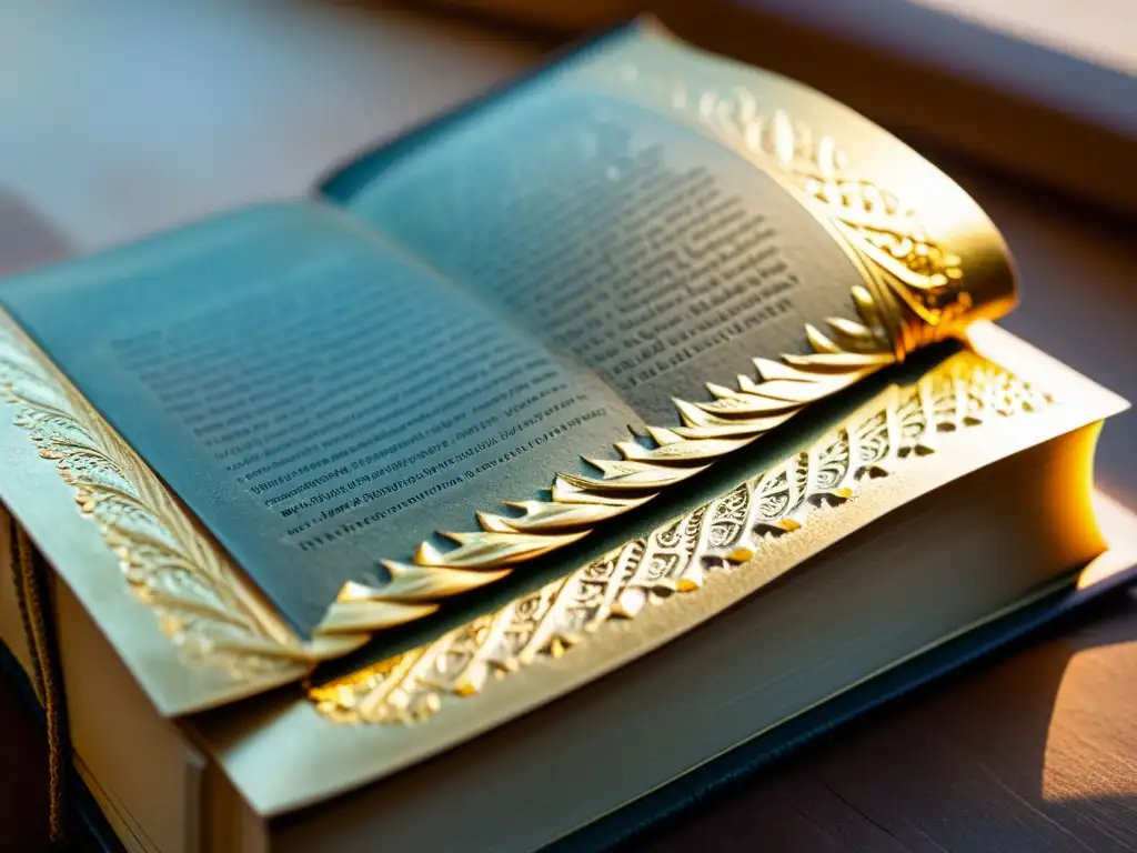 Libro antiguo con texto en lenguas ancestrales, iluminado por luz cálida en biblioteca histórica