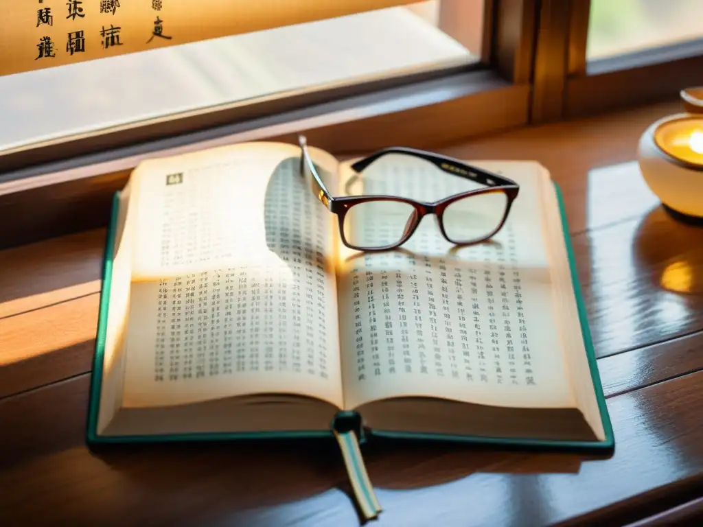 Un libro de fonética chino mandarín antiguo abierto en un escritorio de madera, con un mapa de China desvanecido de fondo