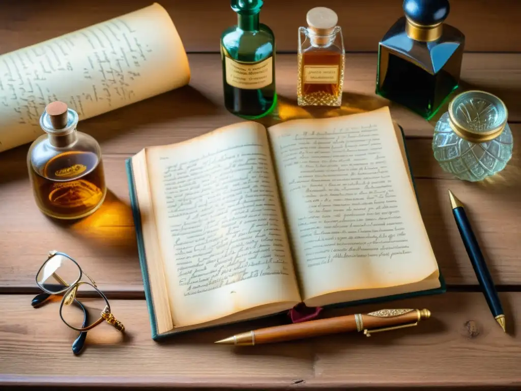 Libro de gramática francés vintage abierto en escritorio de madera con plumas antiguas, frascos de tinta y gafas, evocando elegancia atemporal y estudio académico