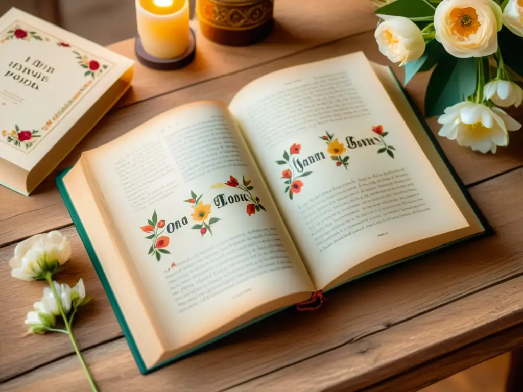 Dos libros abiertos en español e inglés, rodeados de delicadas flores bajo una cálida luz