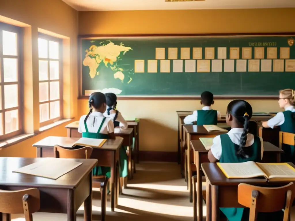 Clase de idiomas vintage: aprendizaje inspirador en un ambiente nostálgico Maestra lidera estrategias enseñanza segundas lenguas en aula vintage, con estudiantes participando activamente y ambiente nostálgico