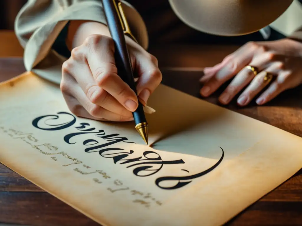 Un maestro de caligrafía crea elegantes escrituras con pluma y tinta en pergamino envejecido, evocando la influencia de la caligrafía en la comunicación