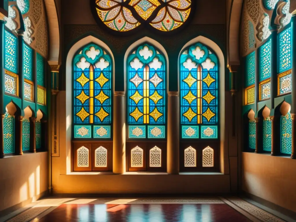 Una majestuosa y evocadora fotografía vintage del interior de una ornamentada mezquita otomana, con patrones geométricos, vitrales y caligrafía