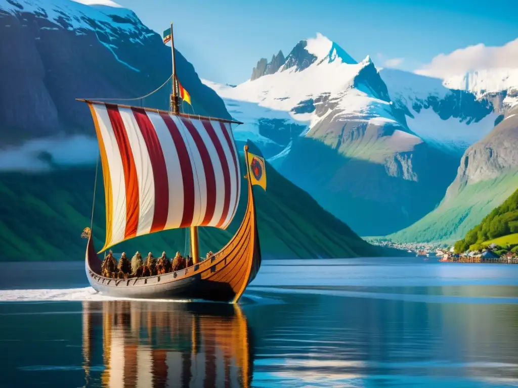 Un majestuoso barco vikingo navega por un fiordo rodeado de montañas nevadas al atardecer, evocando la influencia del nórdico antiguo en inglés