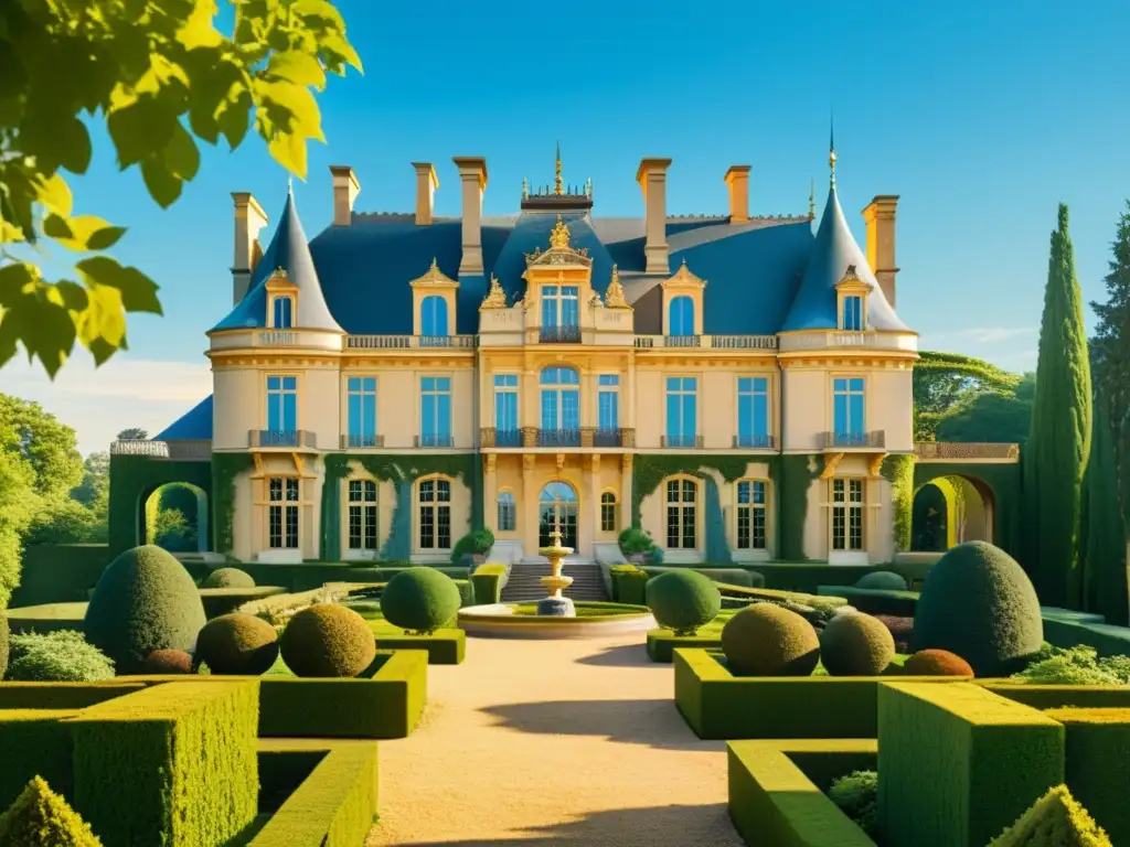 Un majestuoso château francés rodeado de exuberantes jardines, bañado por la cálida luz del sol