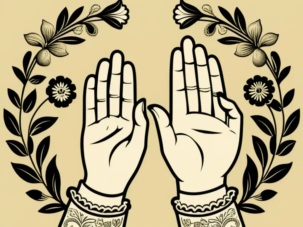 Una ilustración vintage de manos expresivas comunicando en American Sign Language, rodeadas de elementos florales y decorativos