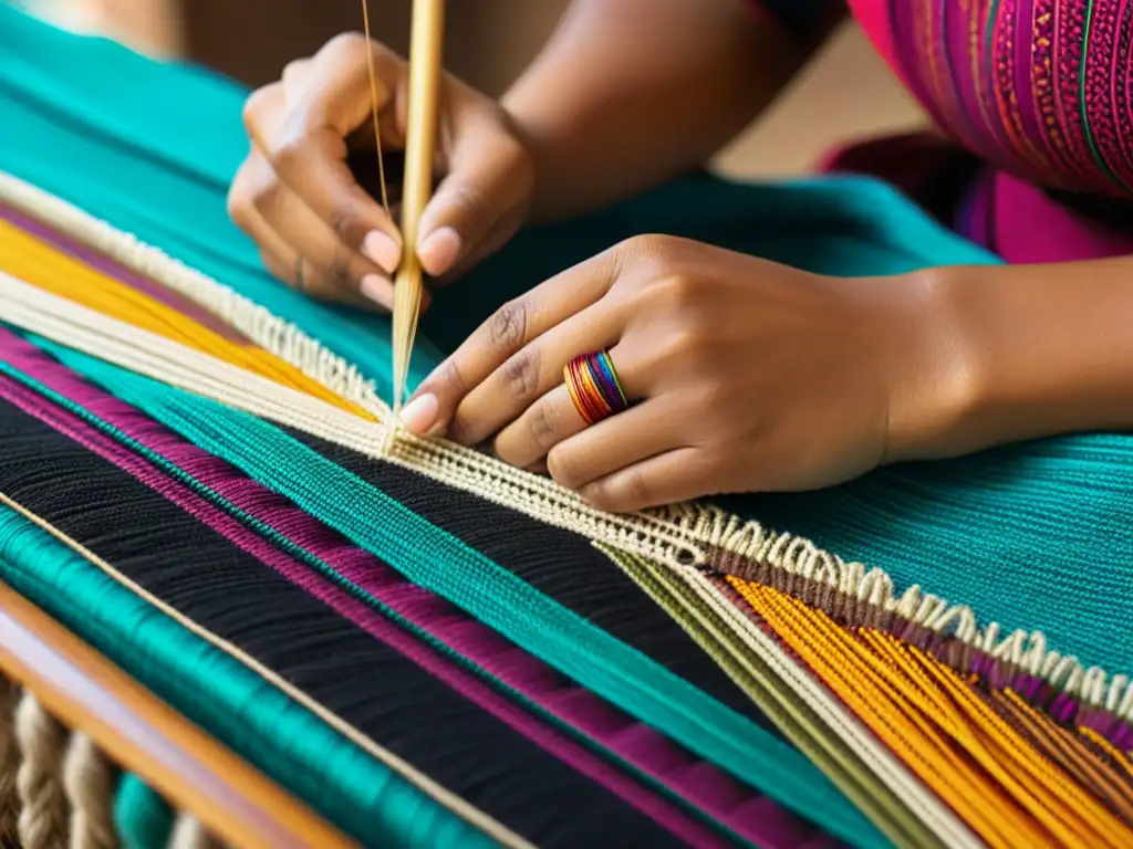 Manos tejiendo hilos en patrón textil tradicional, destacando impacto de perder lengua y cultura